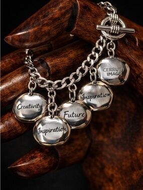 Vintage Cerruti Image Charm Bracelet Silver Tone Inspirational Words Toggle 7.5”